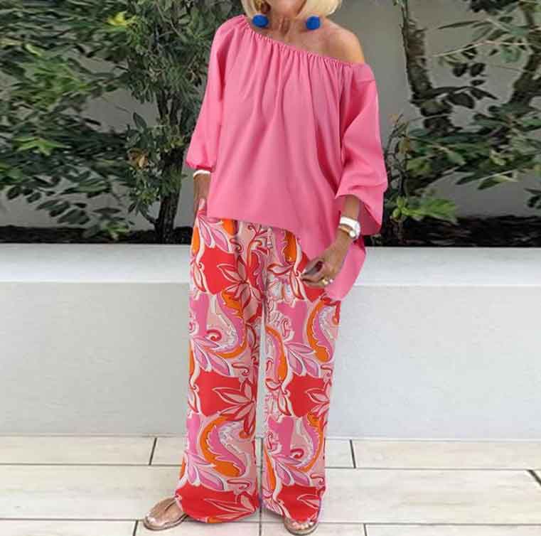 Off Shoulder Puff Sleeves Top and Printed Pants Two-piece Casual Suit