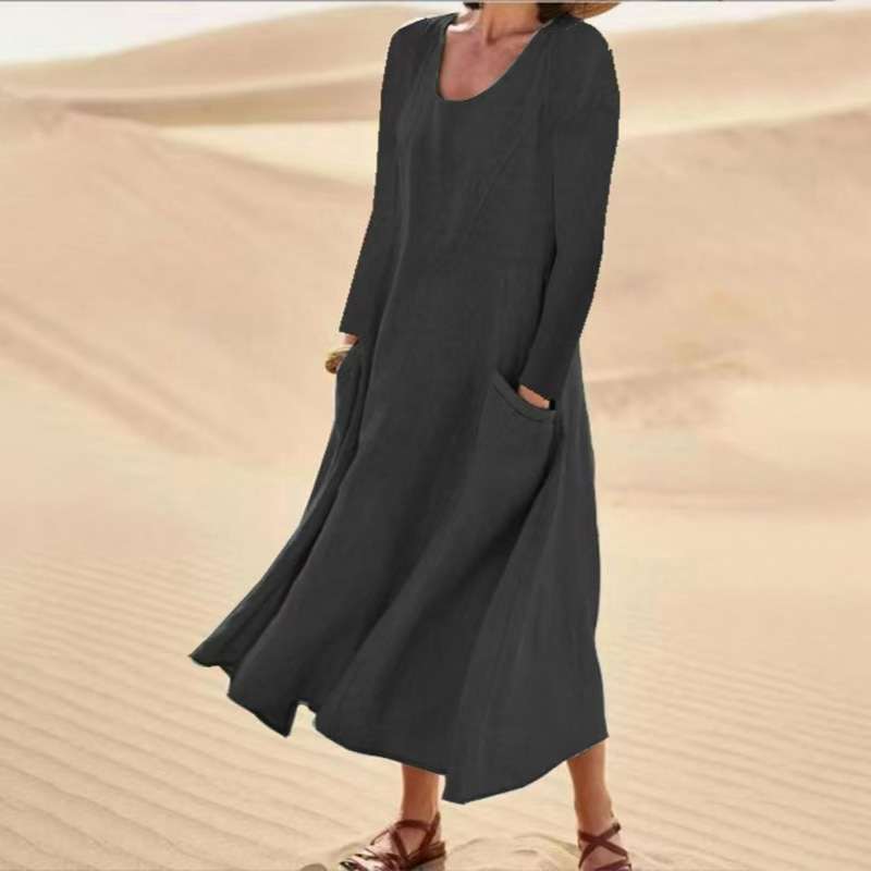 Elegant Long Sleeve Solid Color A-line Pockets Maxi Beach Dress