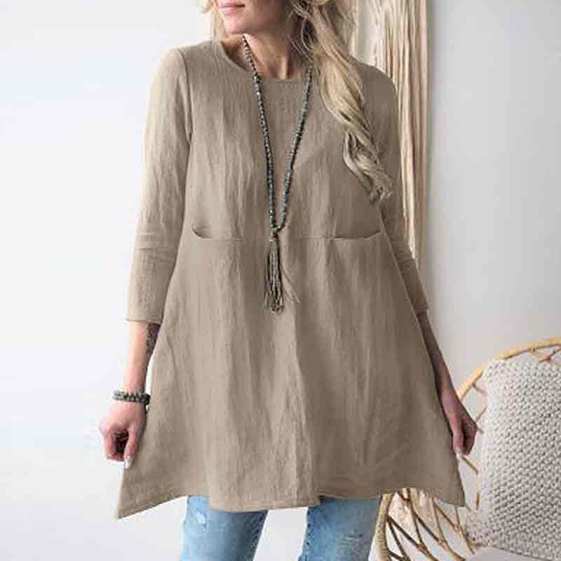 Solid Color Round Neck Pockets Loose A-line Long Shirt