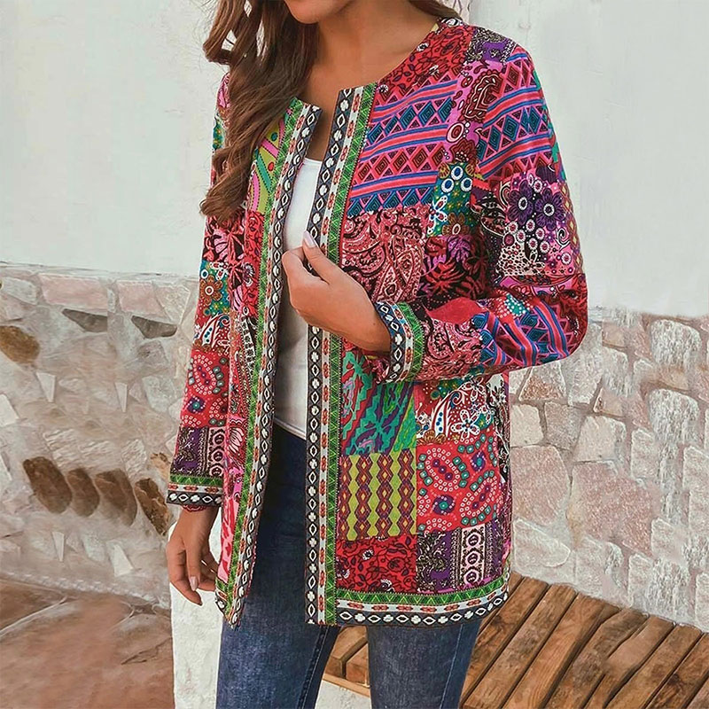Retro Ethnic Style Printed Long Sleeve Jacket Trendy Cardigan Coat