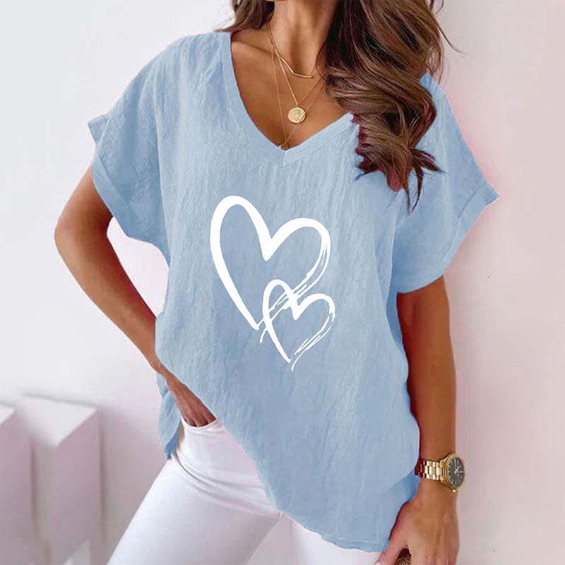 Heart Printed V-neck Casual Loose Short Sleeve T-shirt