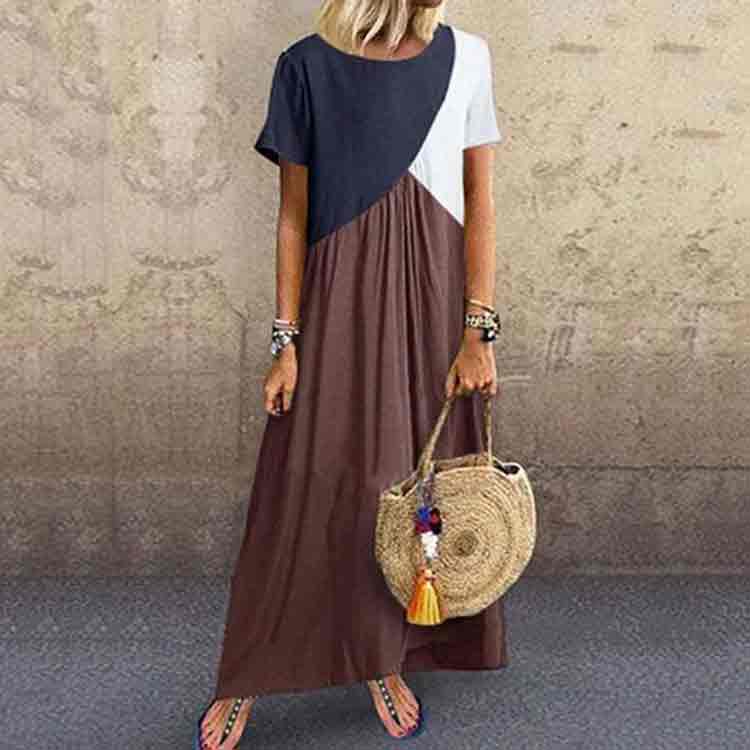 Geometric Stitching Color Blocking Short Sleeve A-line Dress