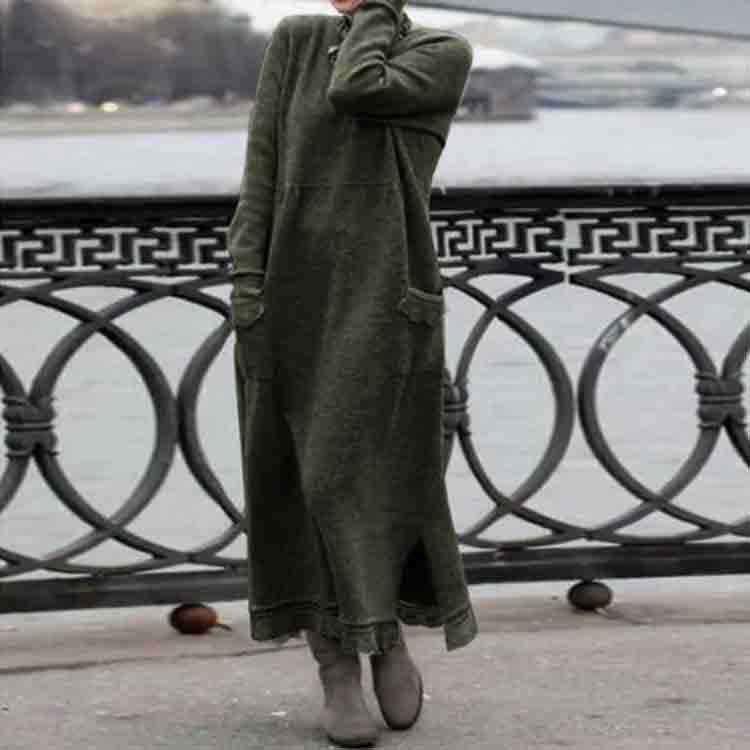 Retro Solid Color Loose Fleece Pockets Autumn Winter Dress