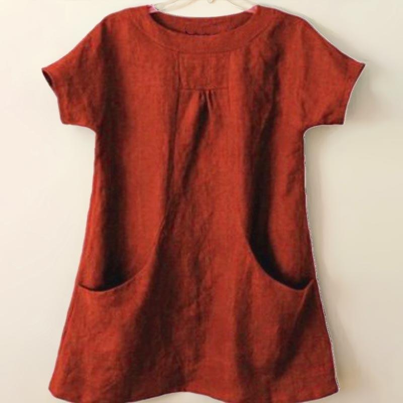 Solid Color Large Pocket Short Sleeve Round Neck Top