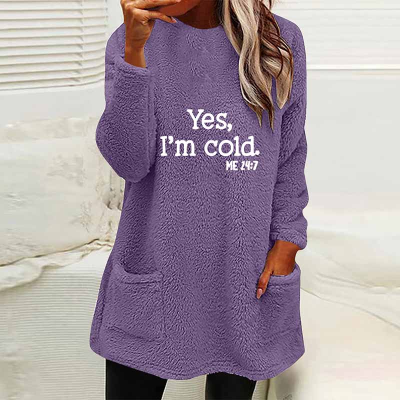 Fashion Printed Plush Warm Autumn Winter Pockets Long Sweatshirt