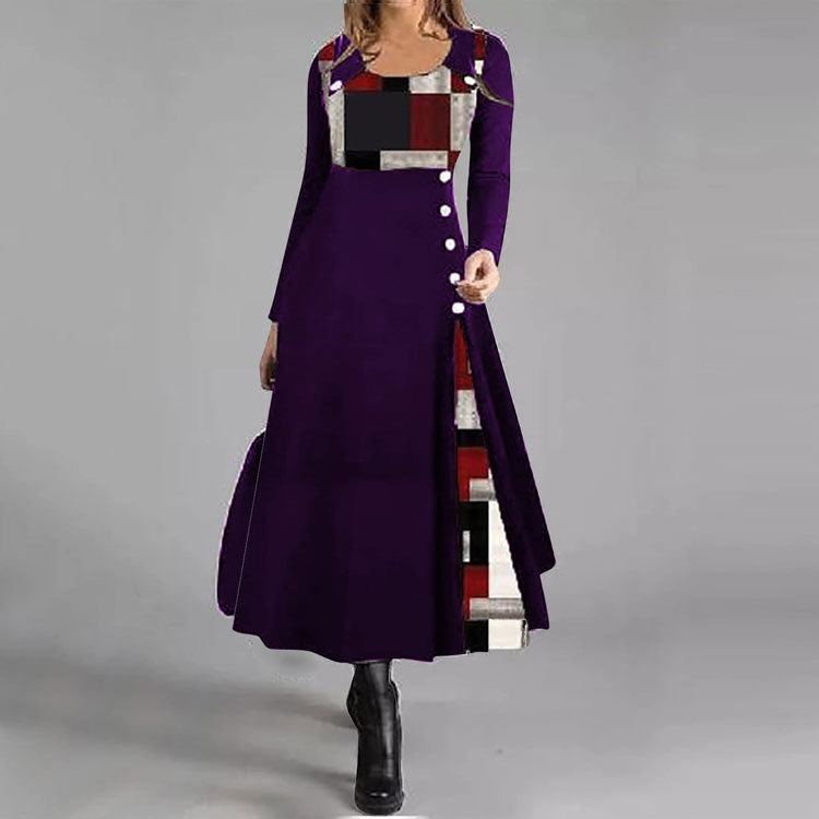 Colorblock Button Decorated Autumn and Winter A-line Dress