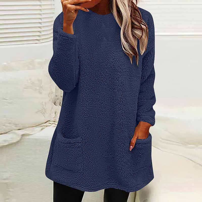 Casual Solid Color Plush Warm Autumn Winter Pockets Long Sweatshirt