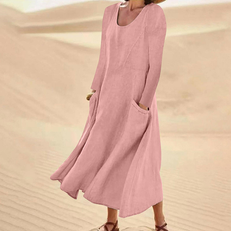 Elegant Long Sleeve Solid Color A-line Pockets Maxi Beach Dress