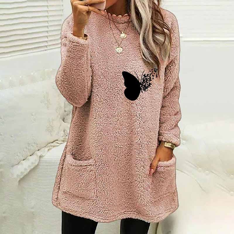 Butterfly Printed Plush Warm Autumn Winter Pockets Long Sweatshirt