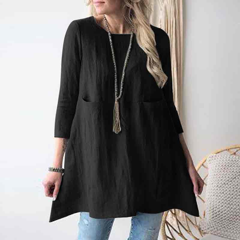 Solid Color Round Neck Pockets Loose A-line Long Shirt