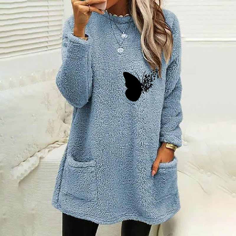 Butterfly Printed Plush Warm Autumn Winter Pockets Long Sweatshirt