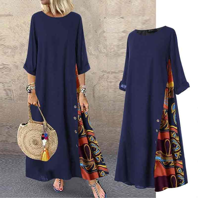 Vintage Solid And Floral Printed Stitching Casual A-line Dress