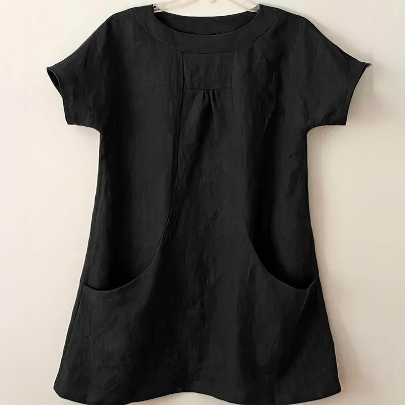 Solid Color Large Pocket Short Sleeve Round Neck Top