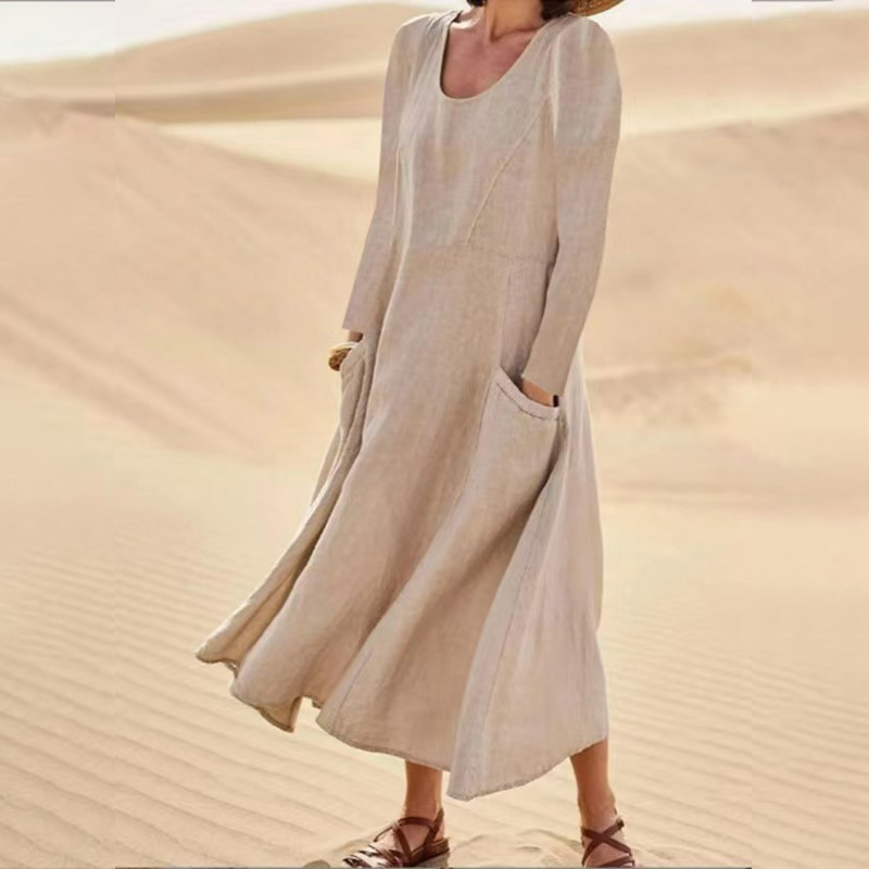 Elegant Long Sleeve Solid Color A-line Pockets Maxi Beach Dress