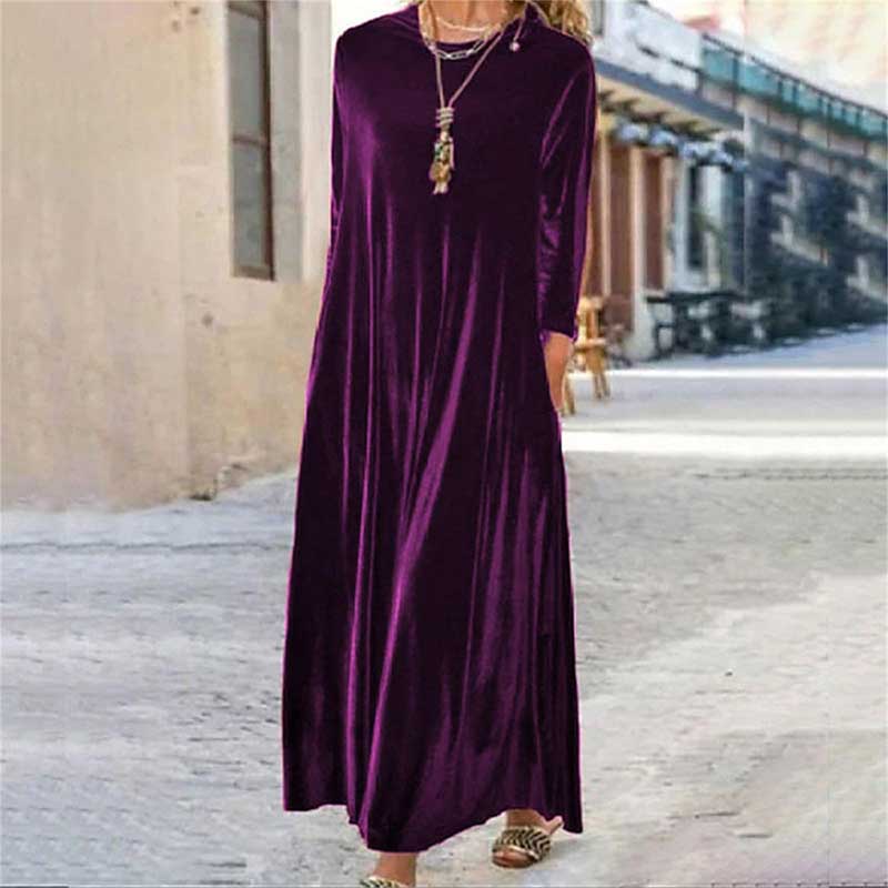 Elegant Solid Color Velvet Round Neck PocketsStretchy Maxi Dress