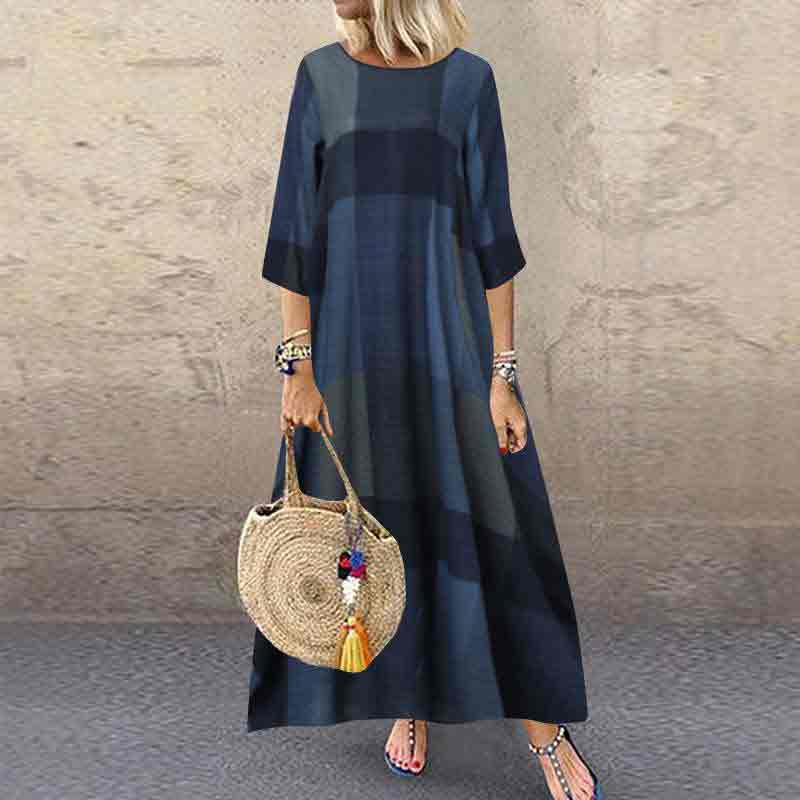 Vintage Round Neck Three Quarter Sleeve Plaid Printed Dress