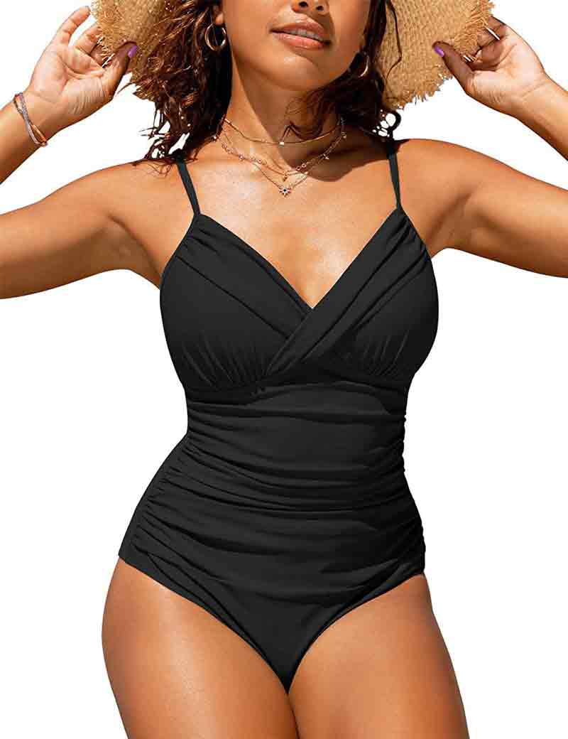 Solid Color Crossover Pleated Bodycon Bikini Swimsuit