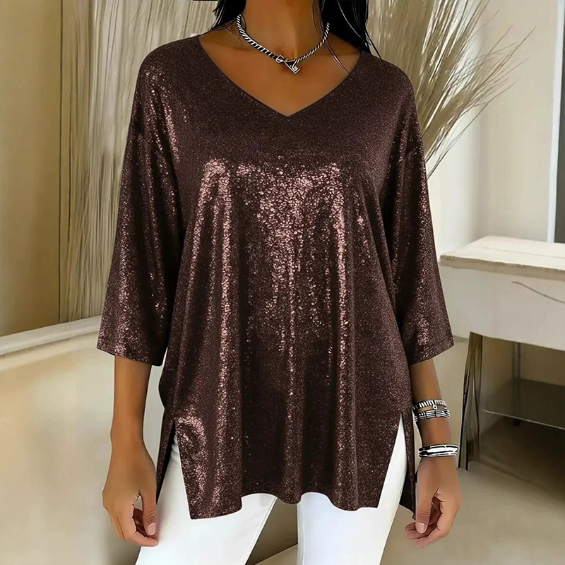 Trendy V-Neck Three-Quarter Sleeve Side Slit Top Loose Printed T-shirt