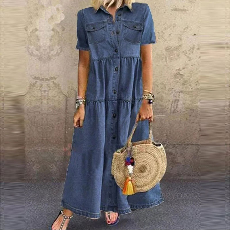 Elegant Lapel Single-breasted Pockets Denim Maxi Dress