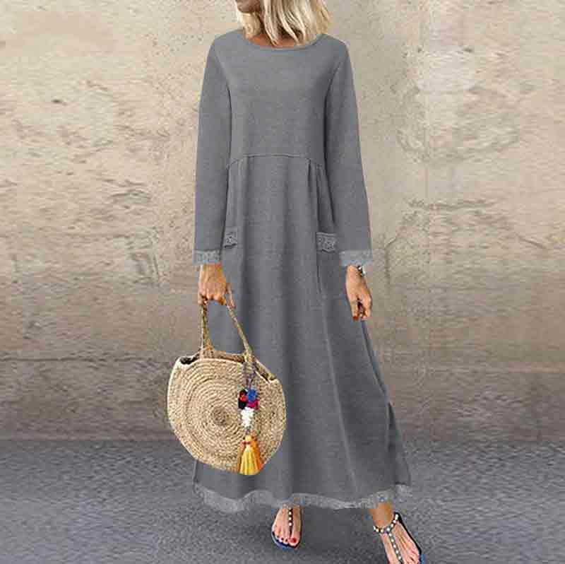 Elegant Loose Solid Color Fleece Pockets Autumn Winter Dress