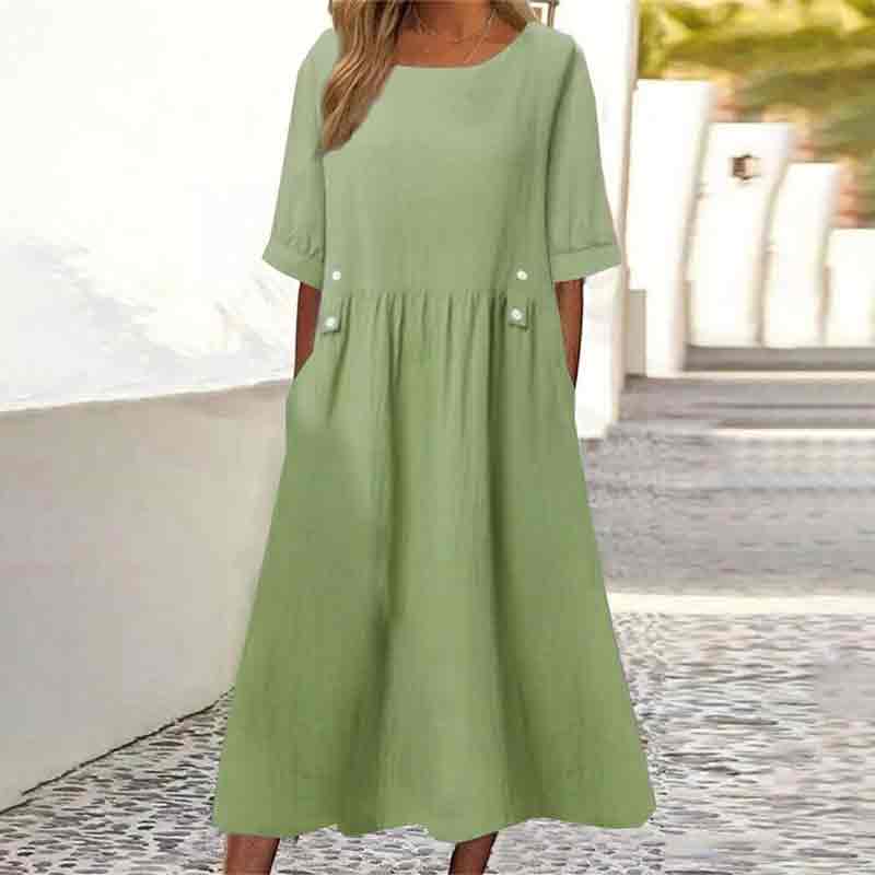 Solid Color Short Sleeve Round Neck Pockets Dress