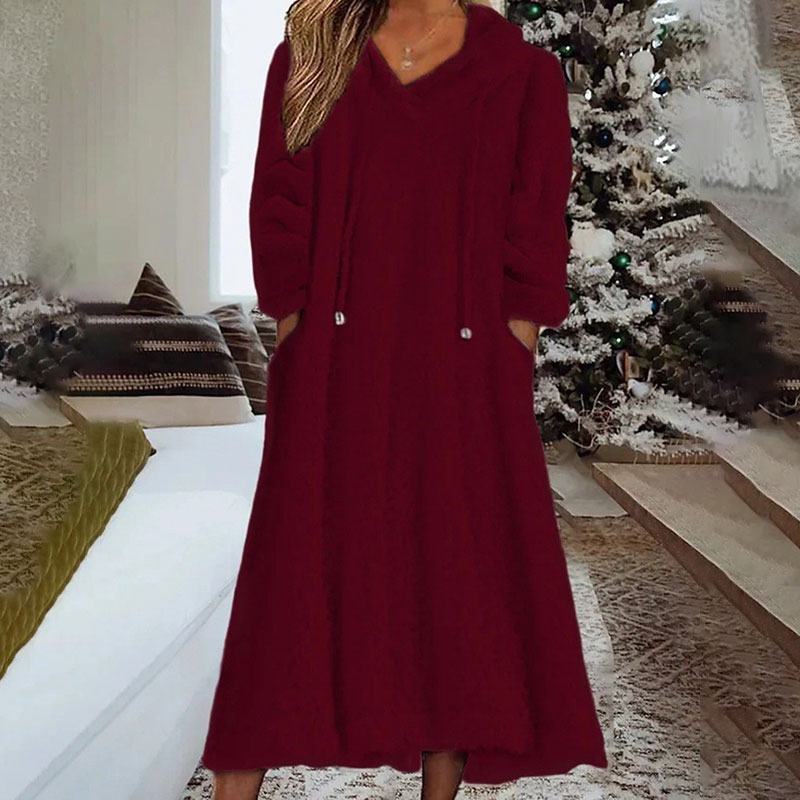 Warm plush hooded long sleeve pockets dress casual loose homewear