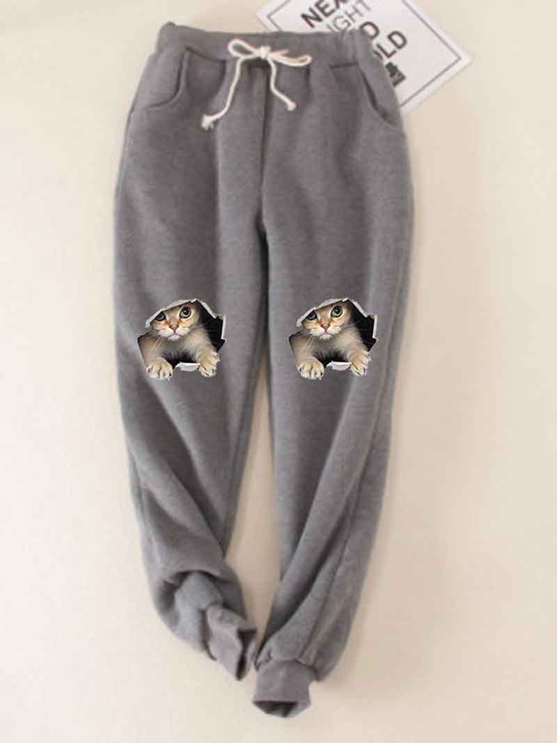 Cats Printed Thickened Fleece Warm Autumn Winter Loose Sweatpants