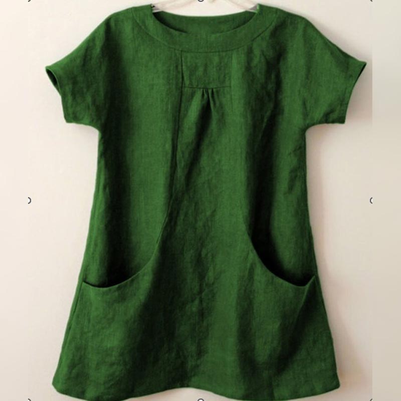 Solid Color Large Pocket Short Sleeve Round Neck Top