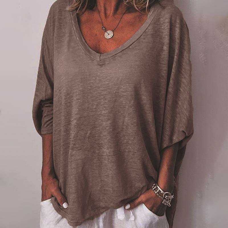Solid Color V-neck Bat Sleeves Casual Loose T-Shirt