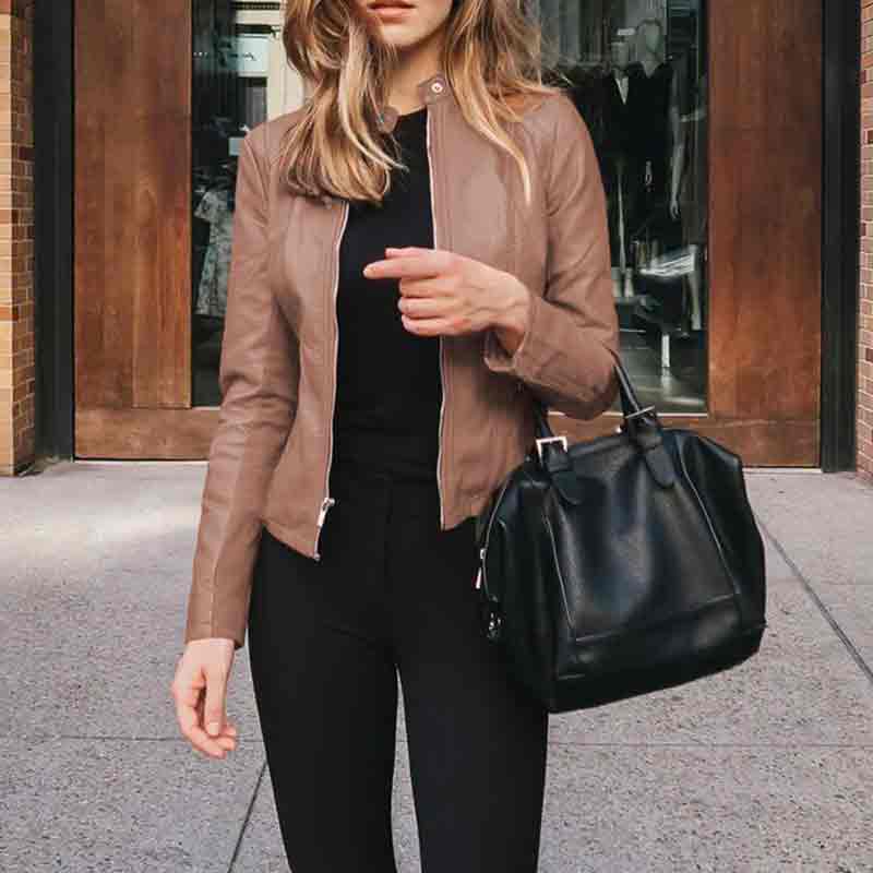 Solid Color Fashion Stand Neck Leather Zippered Jacket Coat