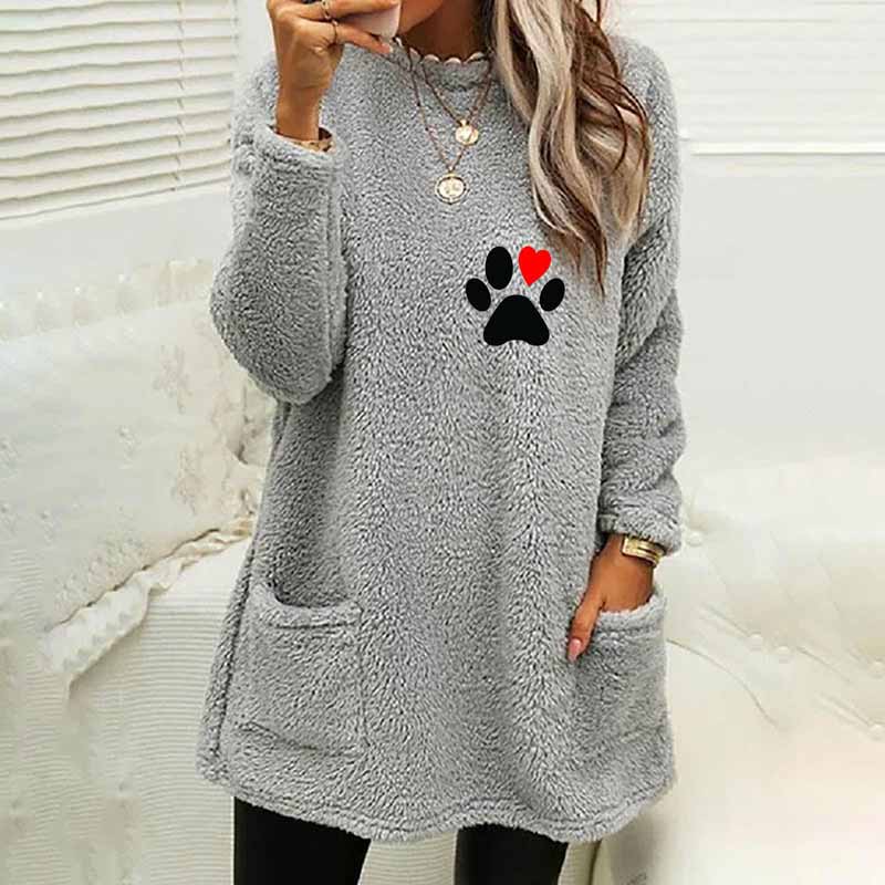 Paw Prints Plush Warm Autumn Winter Pockets Long Sweatshirt
