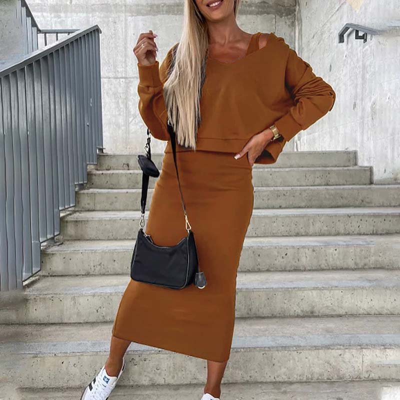 Elegant V-neck Hoodie and Dress Outfits Matching Two-piece Set