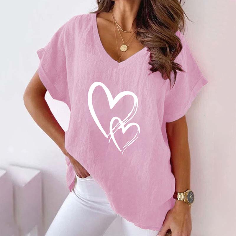 Heart Printed V-neck Casual Loose Short Sleeve T-shirt
