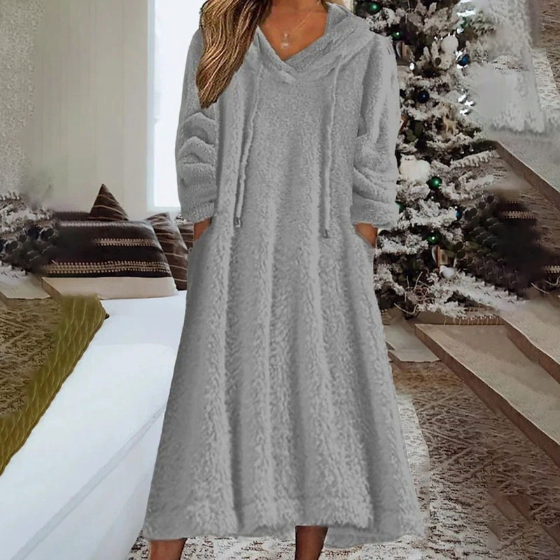 Warm plush hooded long sleeve pockets dress casual loose homewear
