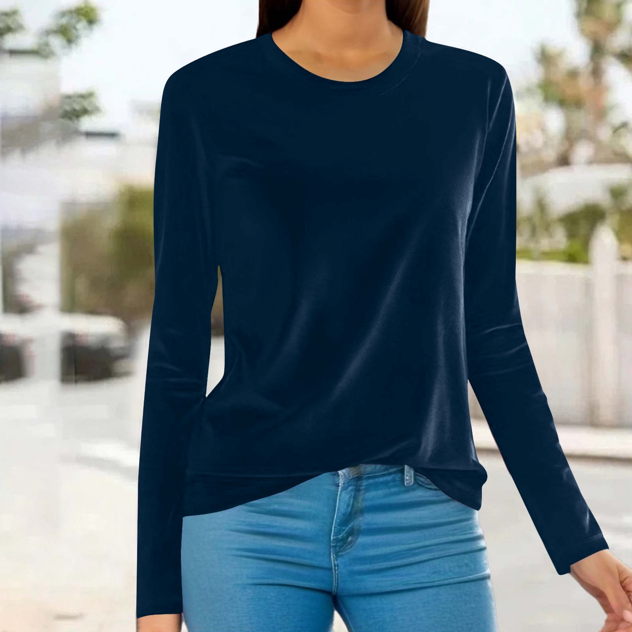 Elegant Velvet Long Sleeve Top Loose Round Neck Pullover T-shirt