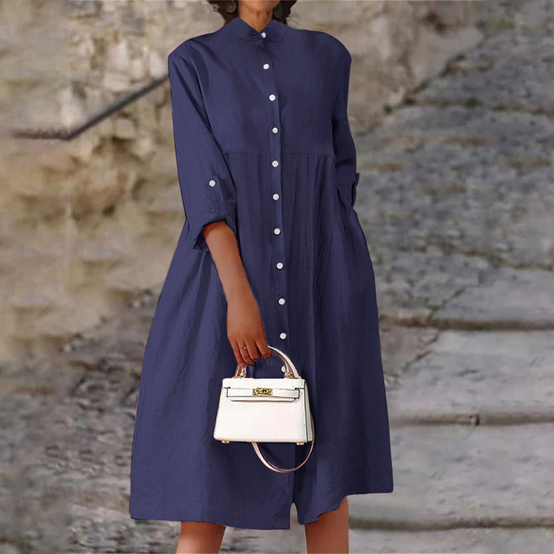 Elegant Single-breasted Cotton Linen Long Sleeve Pockets Maxi Dress