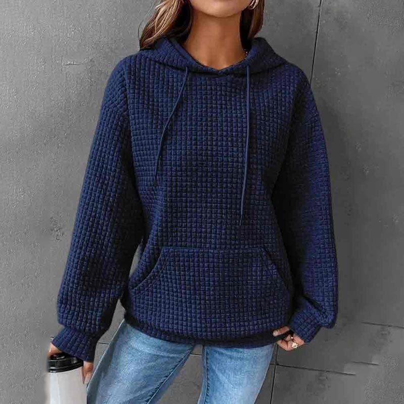 Solid Color Waffle Long Sleeve Pocket Hooded Sweatshirt