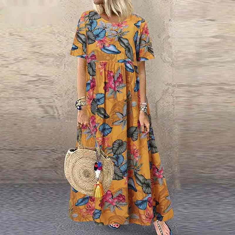 Vintage Floral Printed Loose A-line Maxi Dress