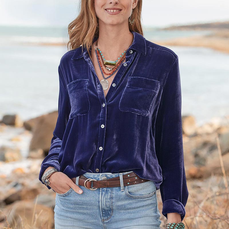 Elegant Velvet Pockets Blouse Long Sleeve Single-breasted Soft Shirt