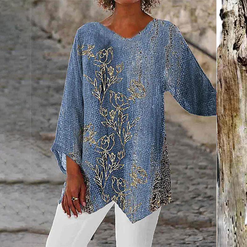 Multicolor Printed V Neck Irregular Hem Loose Blouse