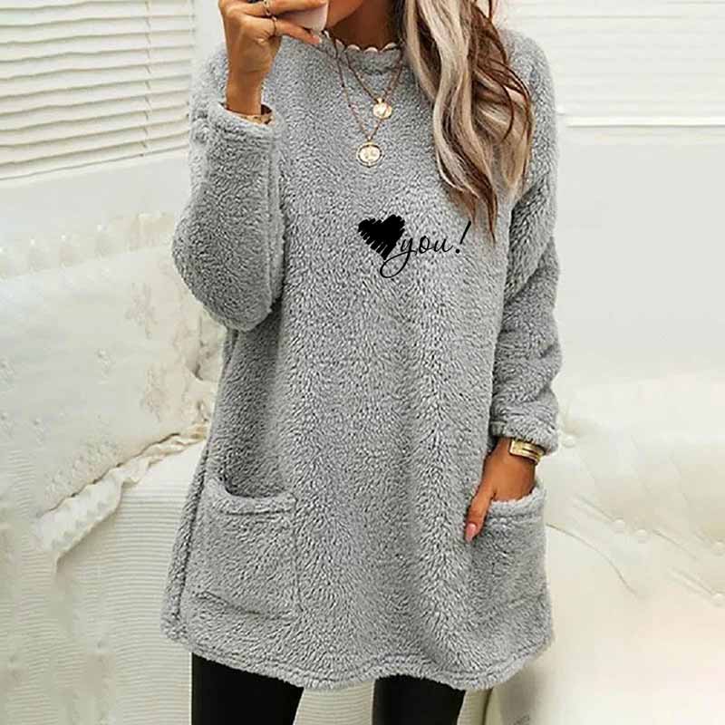 Love You Printed Plush Warm Autumn Winter Pockets Long Sweatshirt