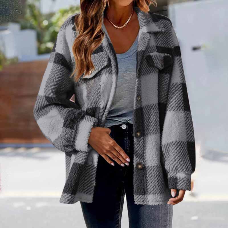 Plaid Printed Single Breasted Plush Pockets Coat
