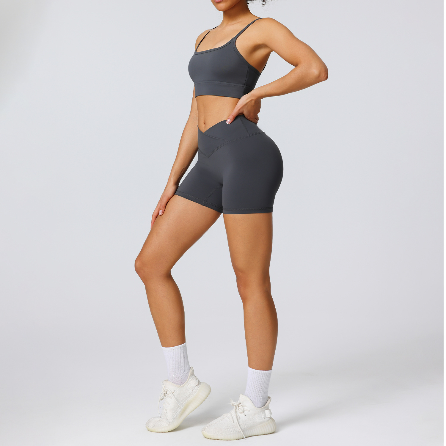 High Elastic Outdoor Yoga Shorts Cross Waist Design Sports Shorts