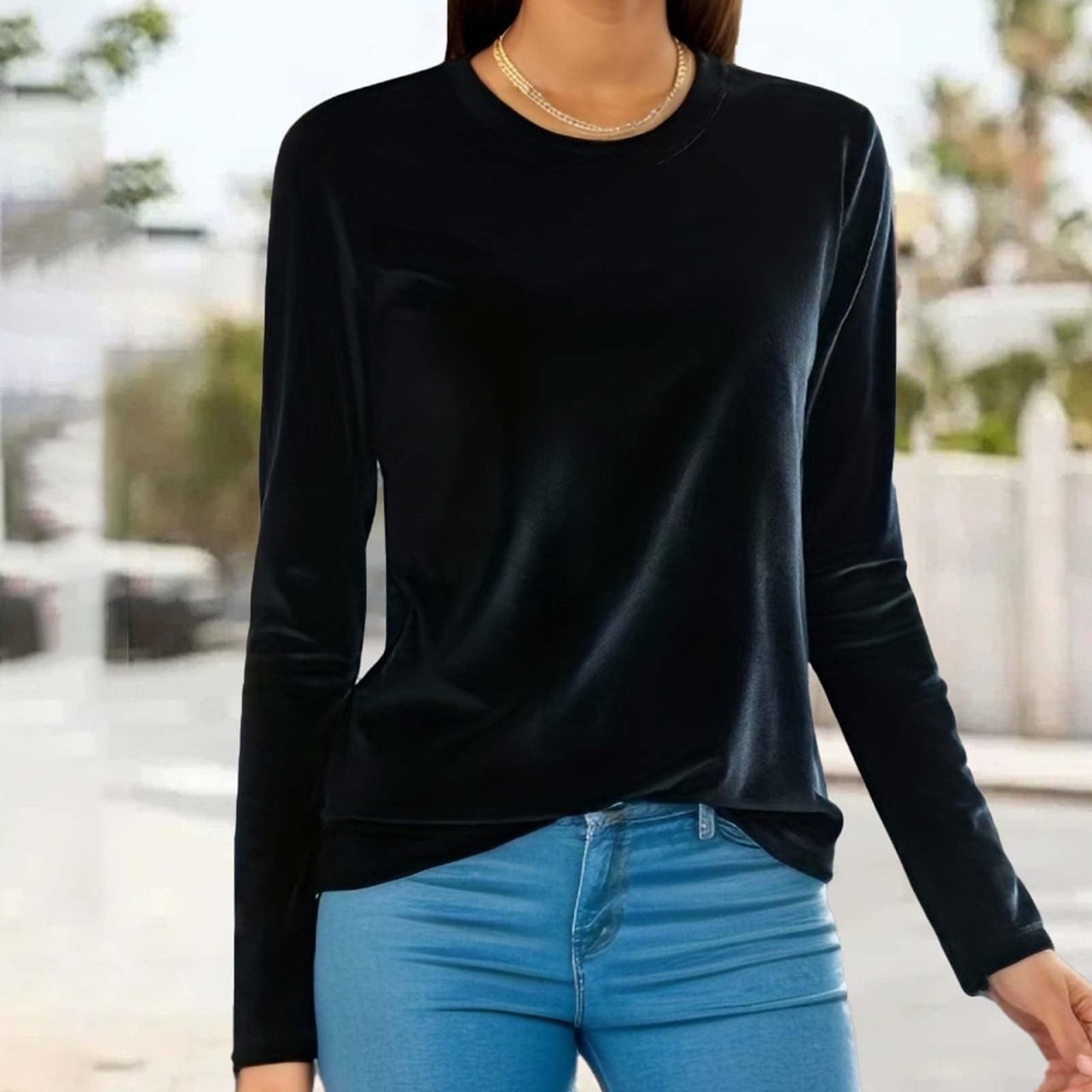 Elegant Velvet Long Sleeve Top Loose Round Neck Pullover T-shirt