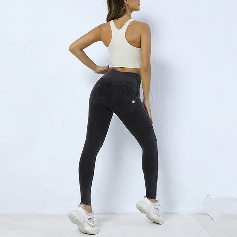 High Waist Tight Yoga Pants Side Button Fitness Denim Yoga Leggings