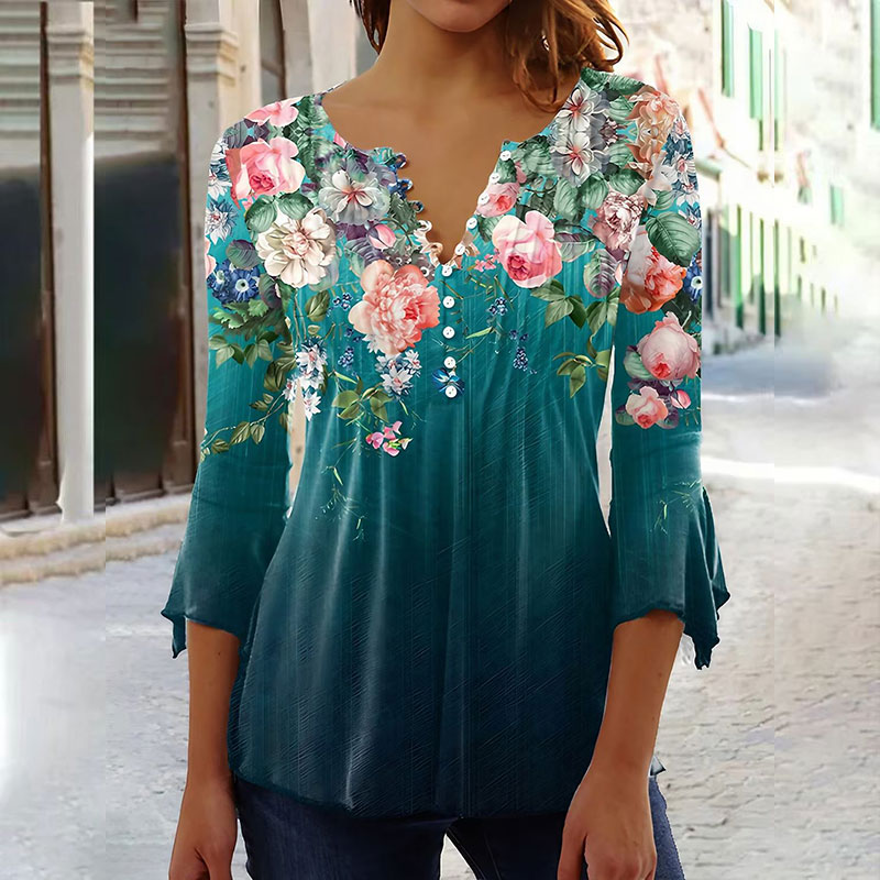 Fashion Gradient Floral Button V-neck Blouse Trendy Loose Shirt