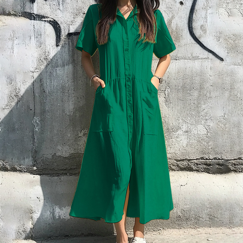 Elegant Lapel Single-breasted Short Sleeve Pockets Cardigan Shirt Dress