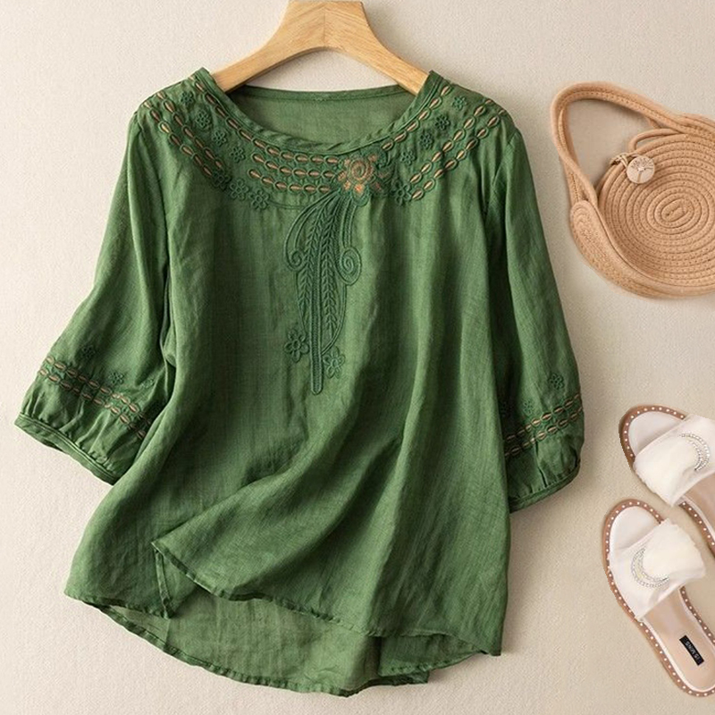 Fashion Embroidered Round Neck Top Three-quarter Sleeve Loose Shirt