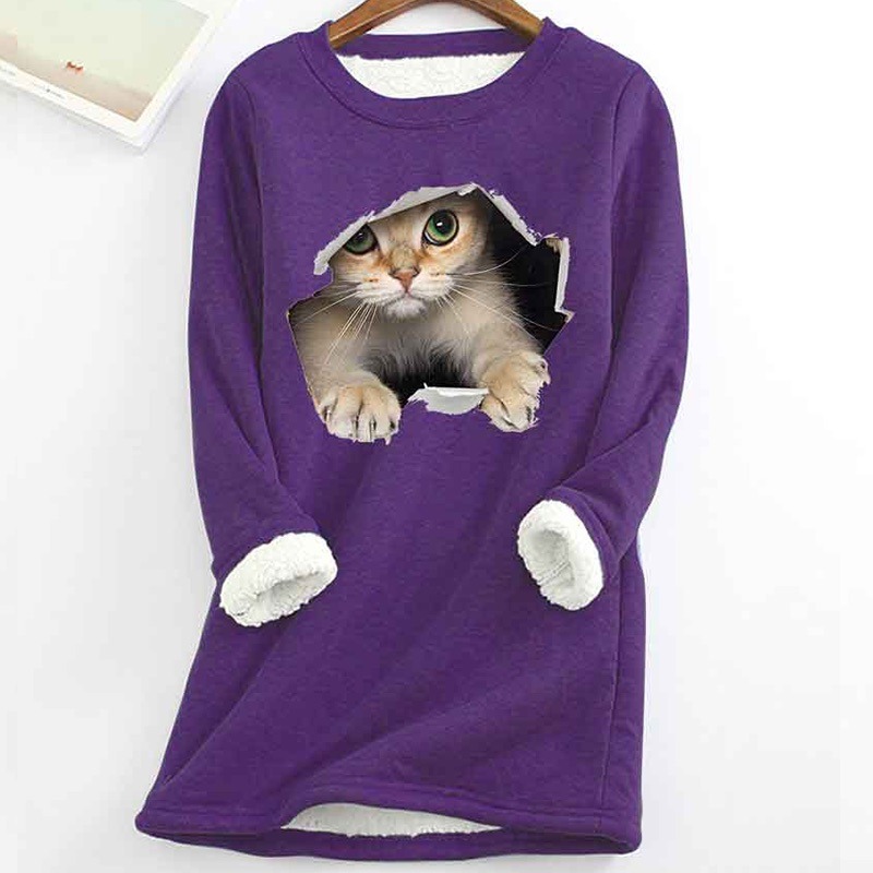Cat Printed Thickened Fleece Warm Autumn and Winter Sweatshirt