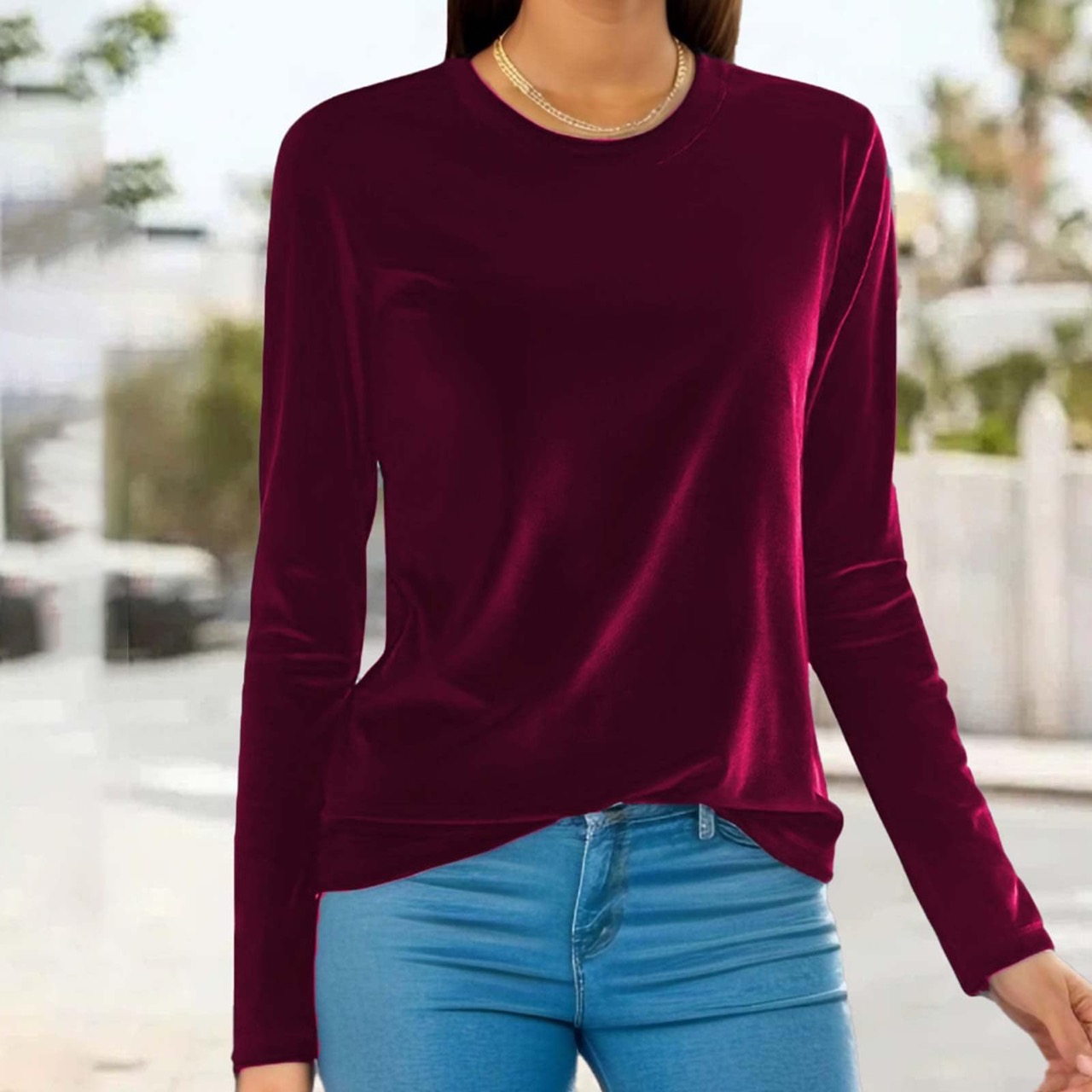 Elegant Velvet Long Sleeve Top Loose Round Neck Pullover T-shirt